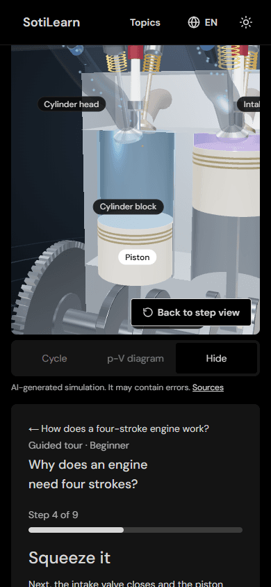 A tour step on a phone: the cut-open engine at the top, the step with its task below