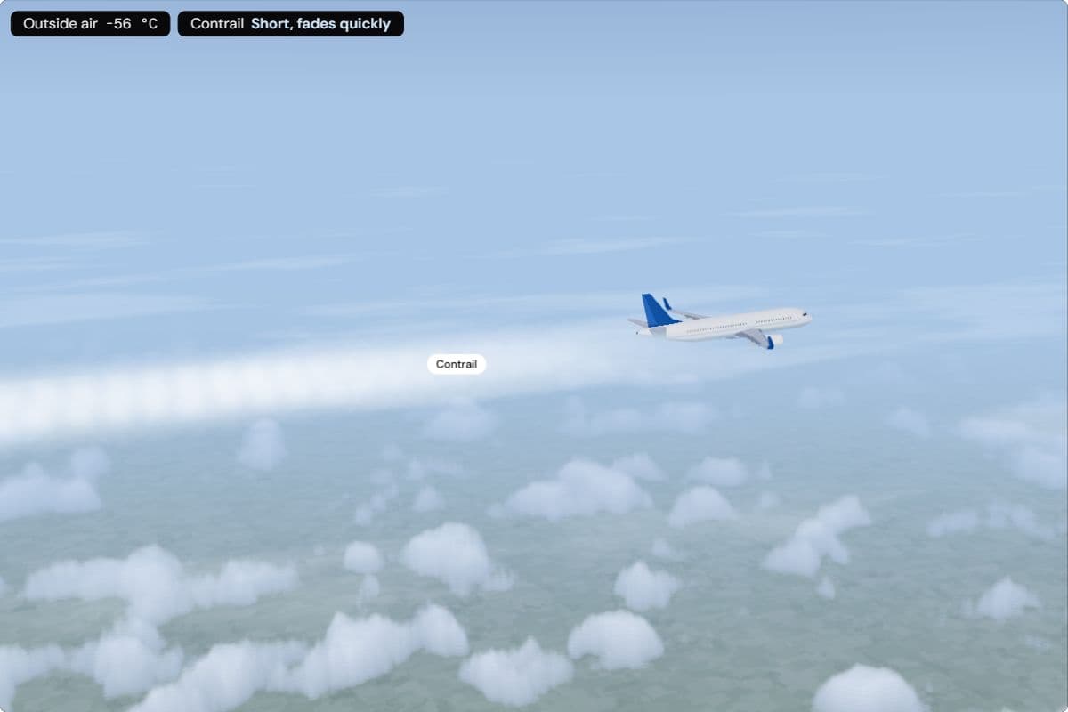 An airliner at 11 km seen from the side, with a short white contrail behind its engines and the outside temperature of −56 °C