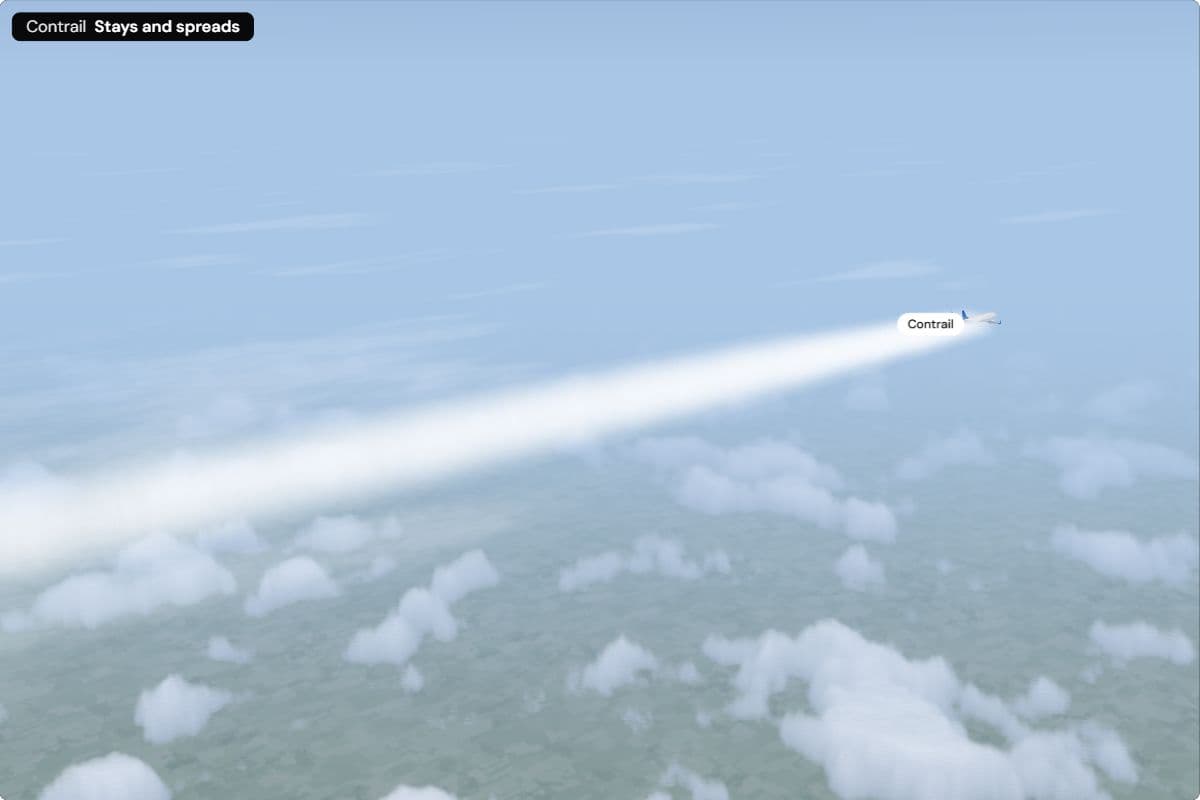 An airliner seen from behind and above, with a contrail that stays and widens into a broad white band behind it