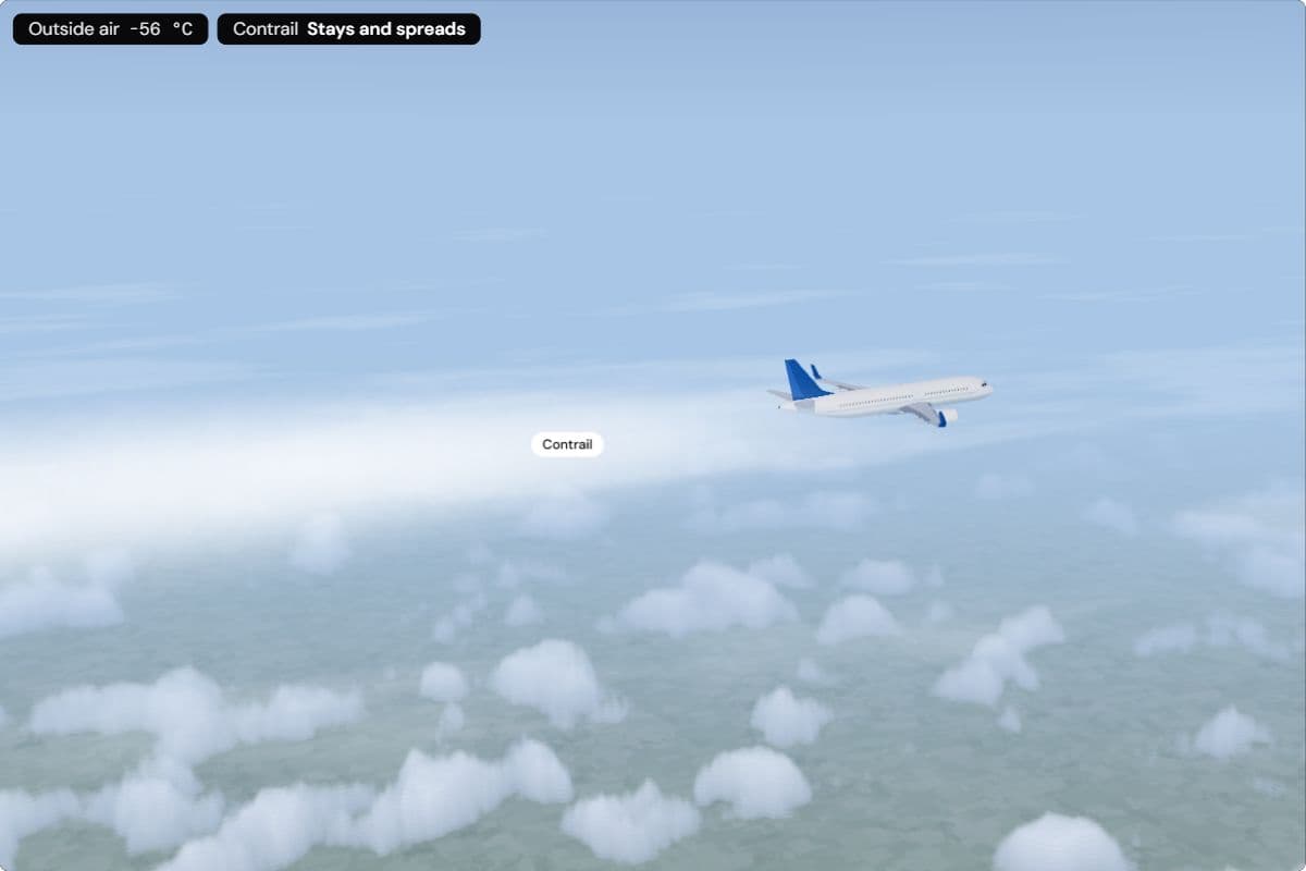 An airliner at 11 km in humid air, with a wide contrail behind it that stays
