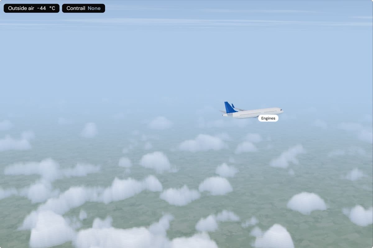The same airliner at 9 km at about −44 °C, with no contrail behind it