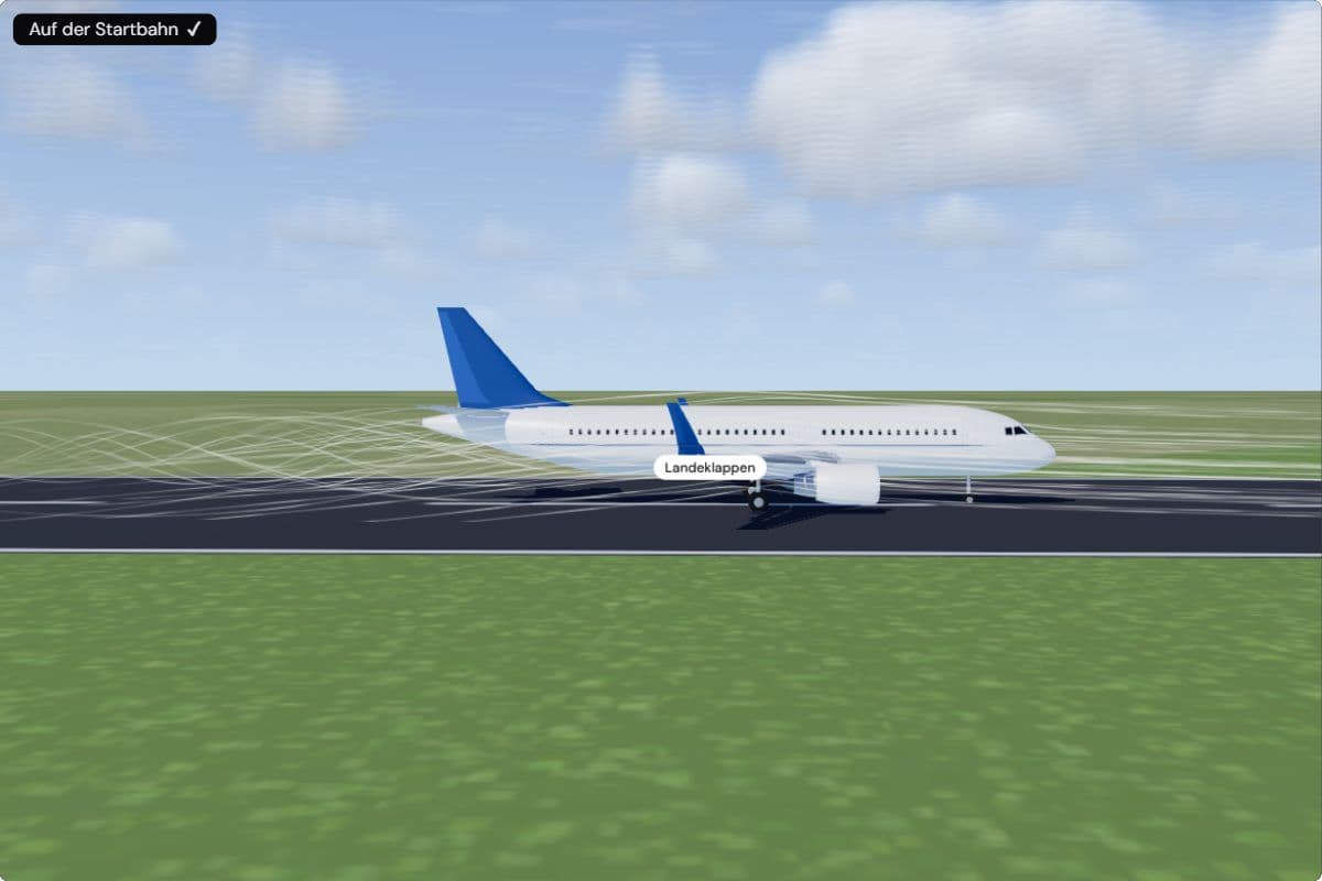Ein A320 von der Seite rast mit 280 km/h über die Startbahn, die Nase unten, alle Räder am Boden, Klappen in Startstellung; eine Anzeige meldet, dass er auf der Startbahn ist