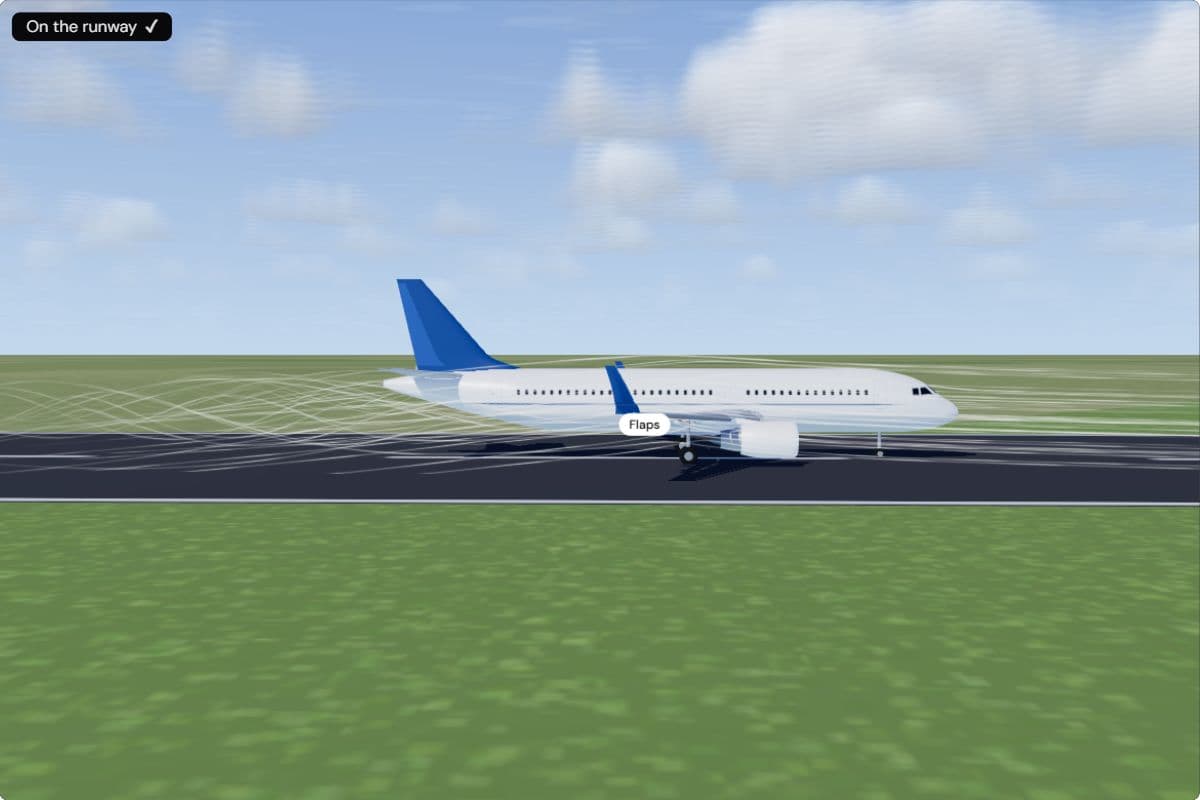 An A320 from the side racing along the runway at 280 km/h with its nose down and all wheels on the ground, takeoff flaps extended; a chip says it is on the runway