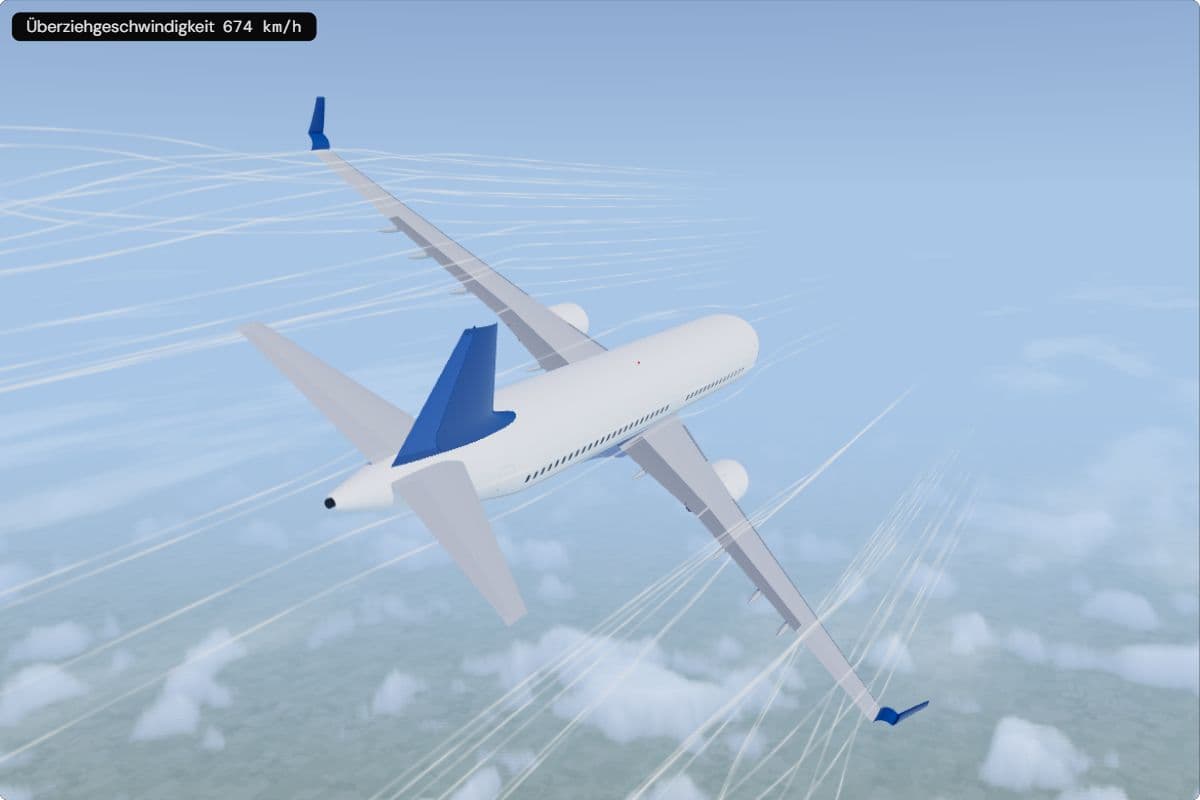 Ein A320 von hinten in steiler 40°-Kurve über den Wolken; die Anzeige zeigt eine Überziehgeschwindigkeit von 674 km/h