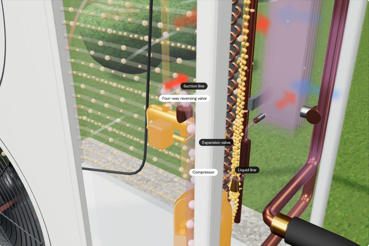 Close-up inside the outdoor unit: the brass four-way reversing valve sits above the compressor, labelled, next to the suction line and the expansion valve