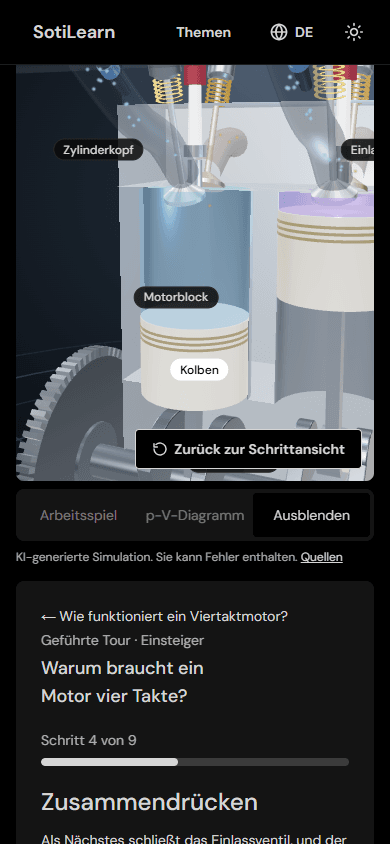 Ein Tour-Schritt auf dem Handy: oben der aufgeschnittene Motor, darunter der Schritt mit seiner Aufgabe