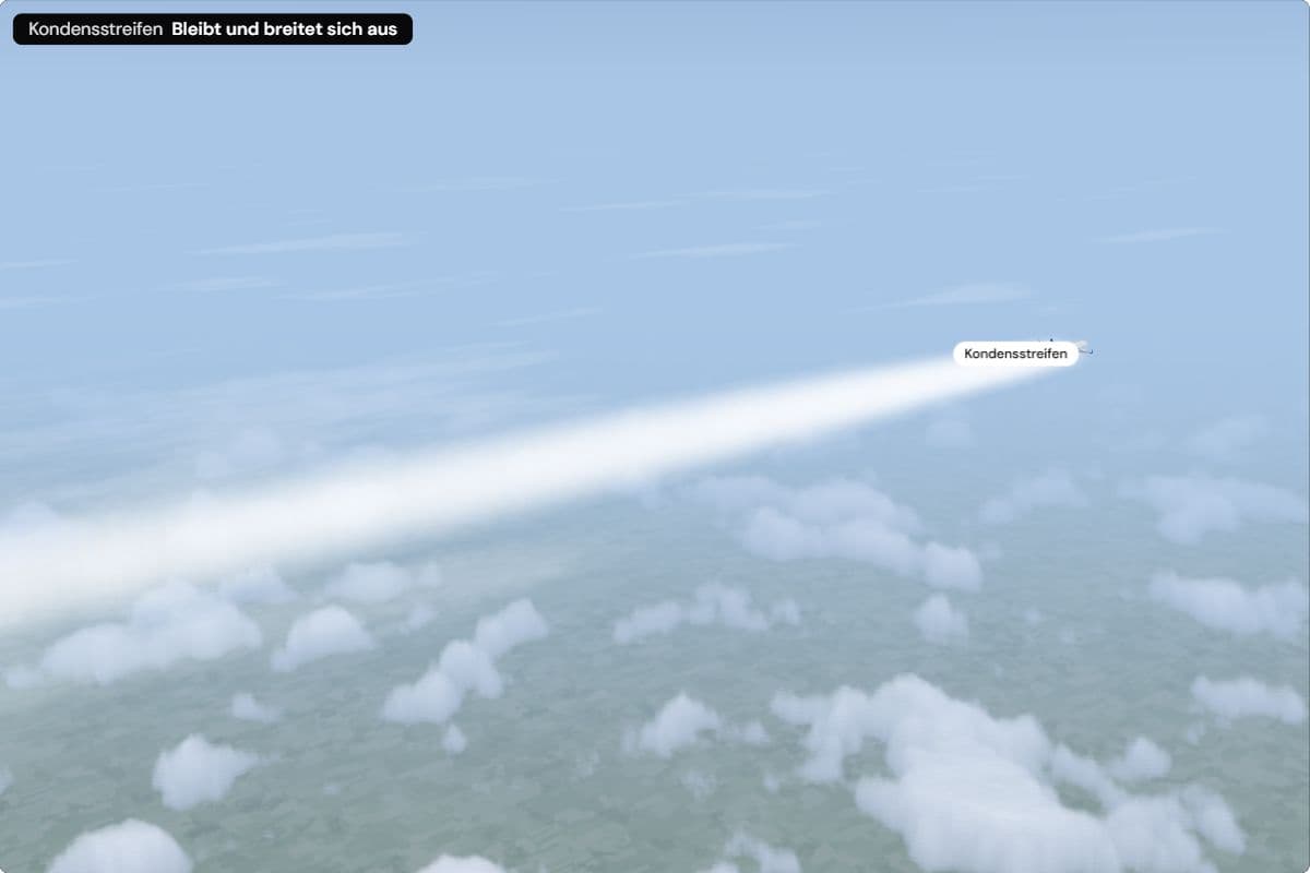 Ein Verkehrsflugzeug schräg von hinten oben, mit einem bleibenden Kondensstreifen, der hinter ihm zu einem breiten weißen Band wird