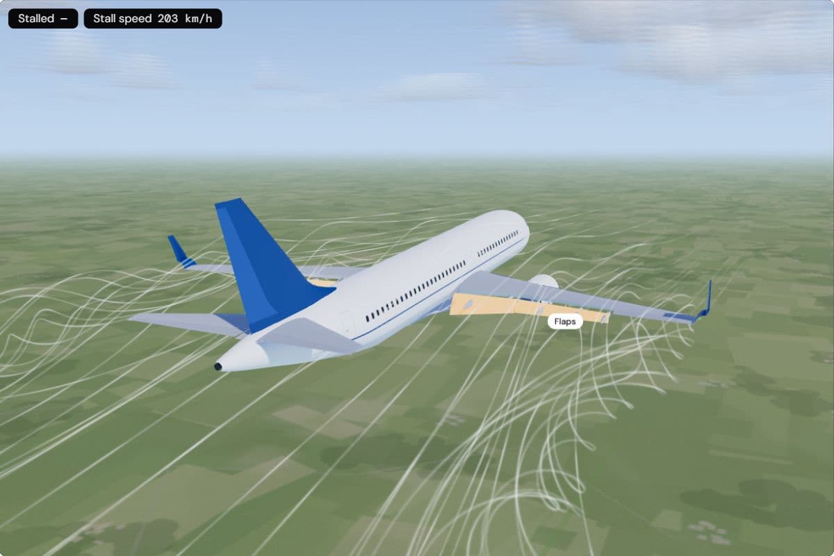 An A320 from behind at 250 km/h with its flaps fully extended and highlighted in gold; the chips show a stall speed of 203 km/h and no stall
