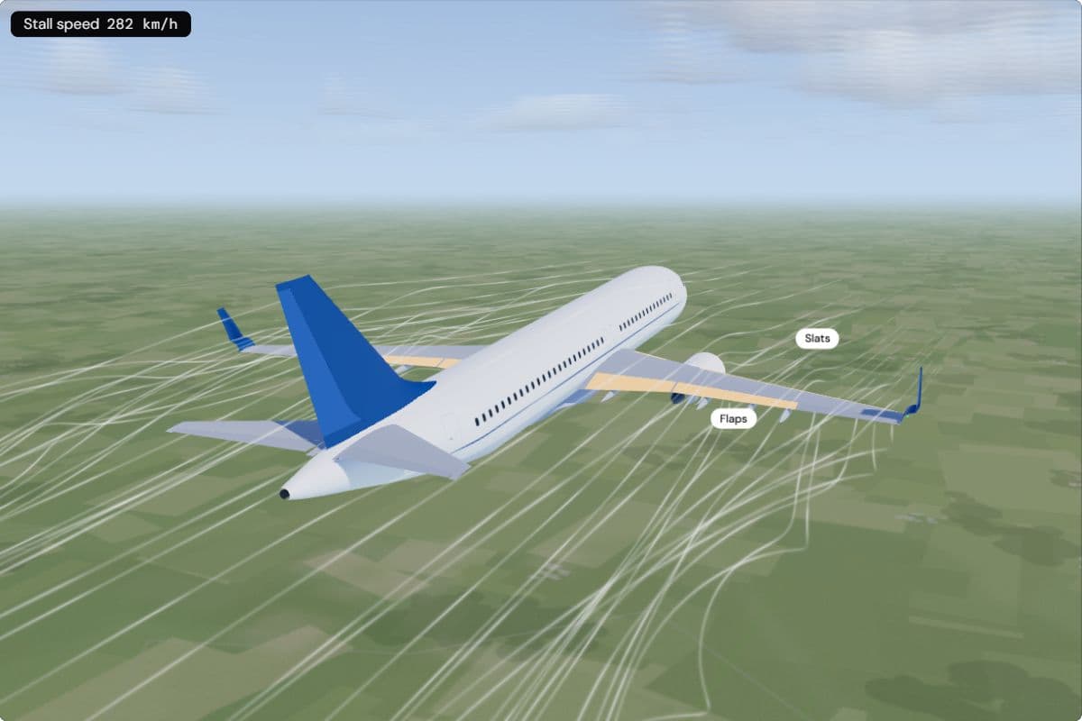 An A320 seen from behind and above in flight, with the retracted flaps at the back of the wing and the slats at the front highlighted in gold; the chip shows a stall speed of 282 km/h