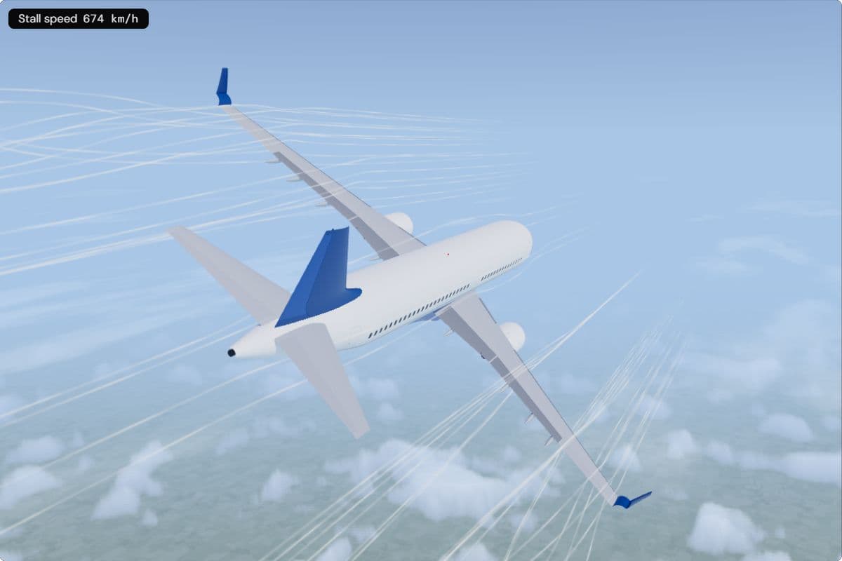 An A320 seen from behind in a steep 40° bank above the clouds; the readout shows a stall speed of 674 km/h