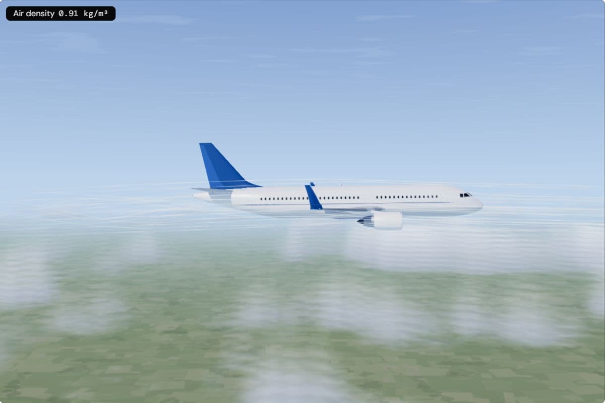 An A320 from the side flying at 3,000 m, with fields and low clouds just below it; the readout shows an air density of 0.91 kg/m³