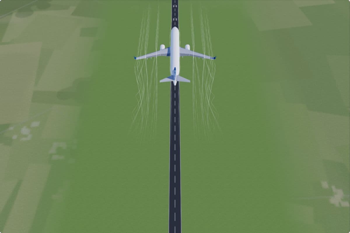 An A320 seen from high above at 1,000 m; two bands of smoke trail behind its wingtips, side by side, a little less than a wingspan apart