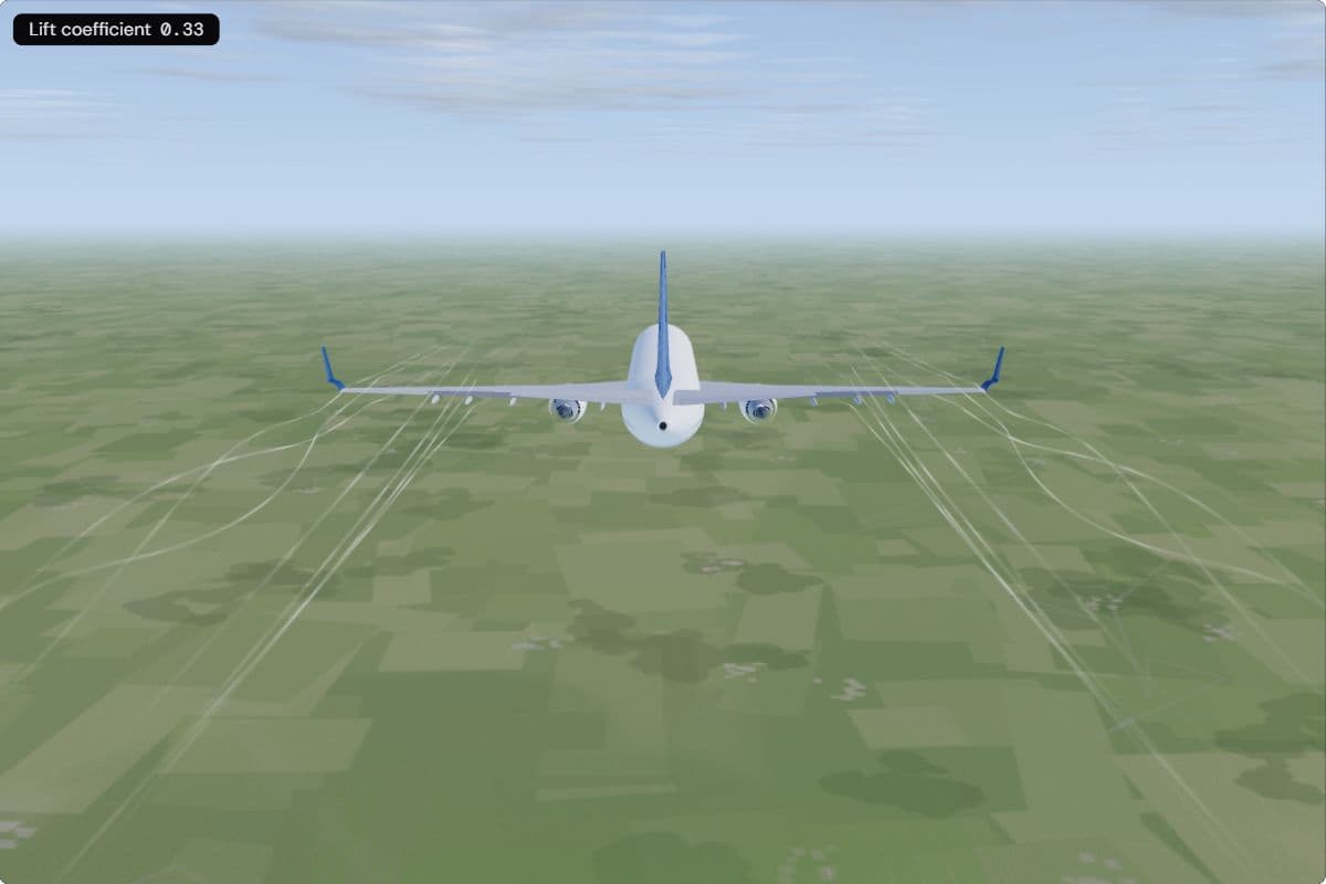 An A320 seen from behind at 1,000 m over fields at 600 km/h; the smoke lines behind the wingtips bend only slightly; the readout shows a lift coefficient of 0.33