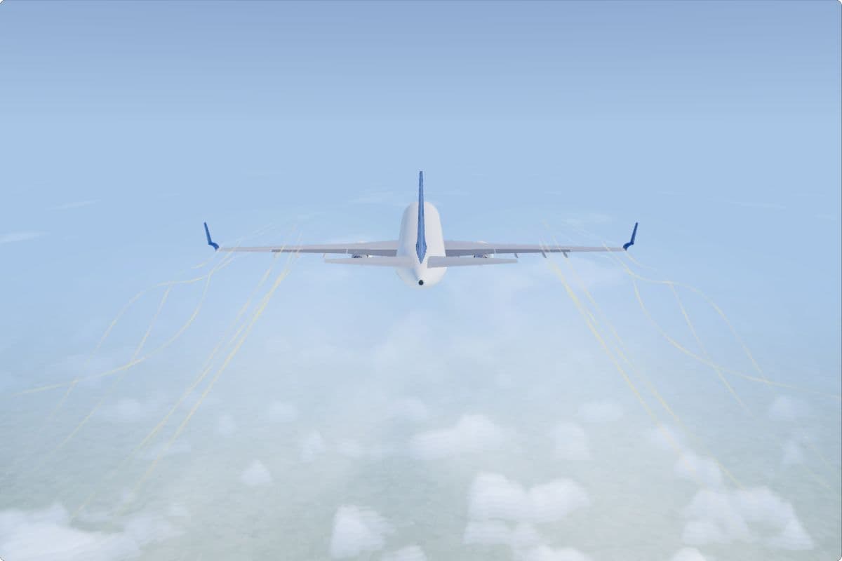 An A320 seen from behind above the clouds, the smoke behind its wing coloured gold; the gold lines bend outwards and round behind each wingtip