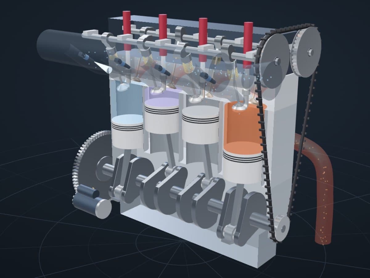 Cut-open four-cylinder engine with pistons, crankshaft and valves