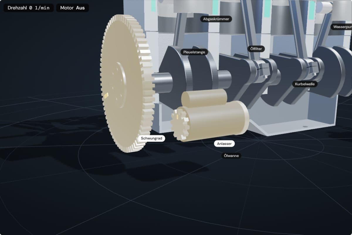 Nahansicht der Schwungradseite des 3D-Motors: Anlasser mit kleinem Ritzel neben dem Zahnkranz des Schwungrads, beide hervorgehoben, Motor aus