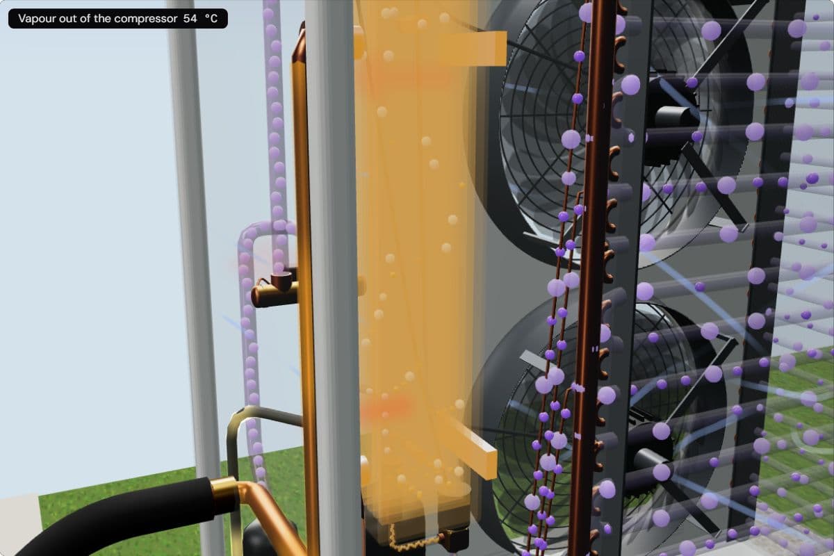 The condenser close up: hot refrigerant vapour turns back into liquid between the plates and hands its heat to the heating water