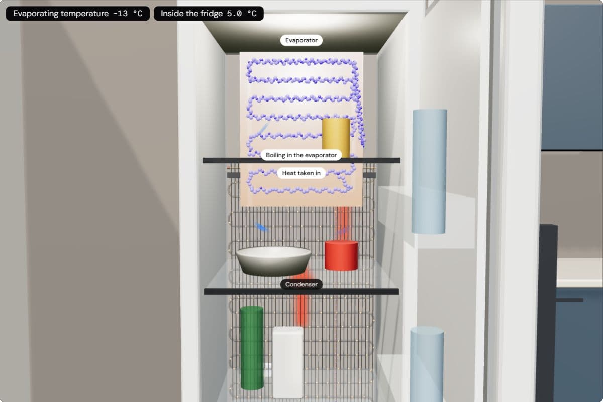 Inside the fridge: refrigerant particles run through the evaporator plate on the back wall while it boils at −13 °C, with the inside at 5.0 °C