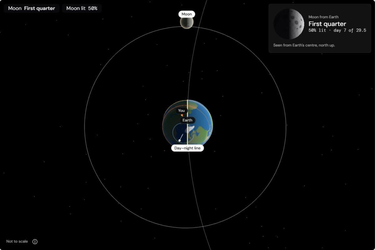 Top view of Earth and the Moon at first quarter: the sunlight from the right lights the right half of both, and a line on Earth marks where day meets night