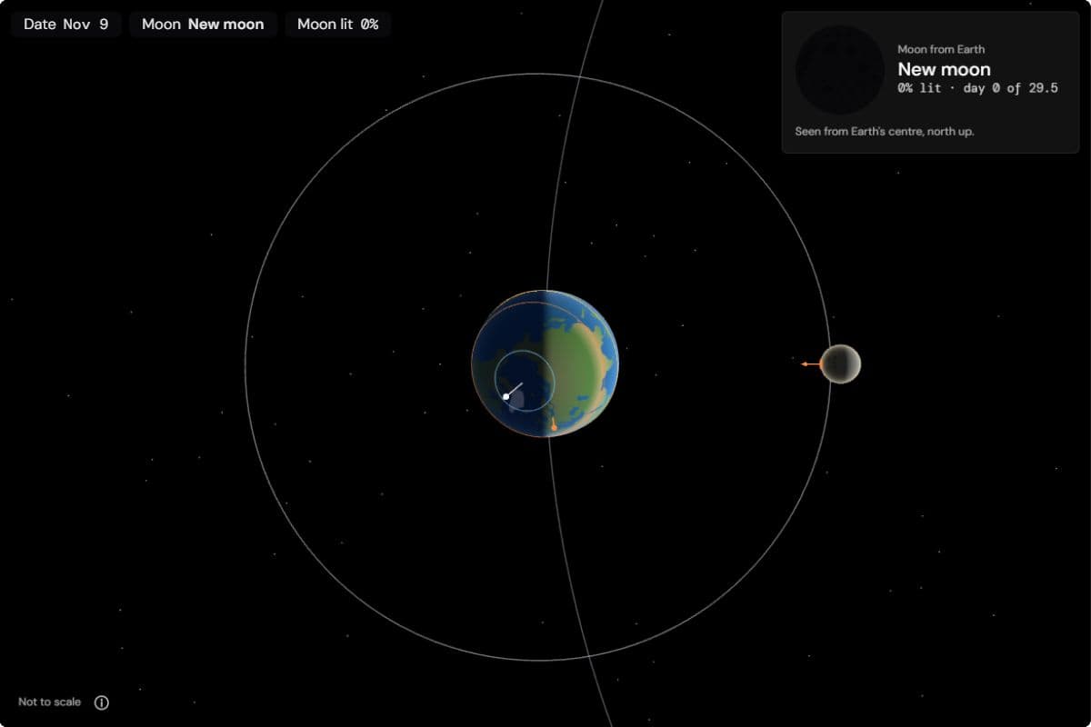 Earth and the Moon from above at new moon on 9 November, sunlight from the right: the Moon's near side, marked by the flag, faces Earth in darkness while its far side is lit