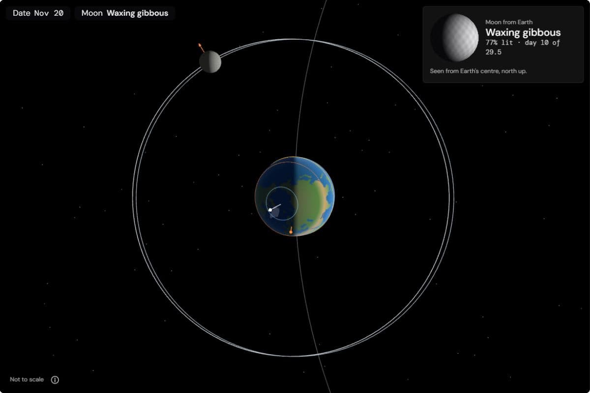 Earth and the Moon from above on 20 November with a Moon that doesn't turn: its near-side flag points away from Earth, and the panel shows a far side with almost no dark patches
